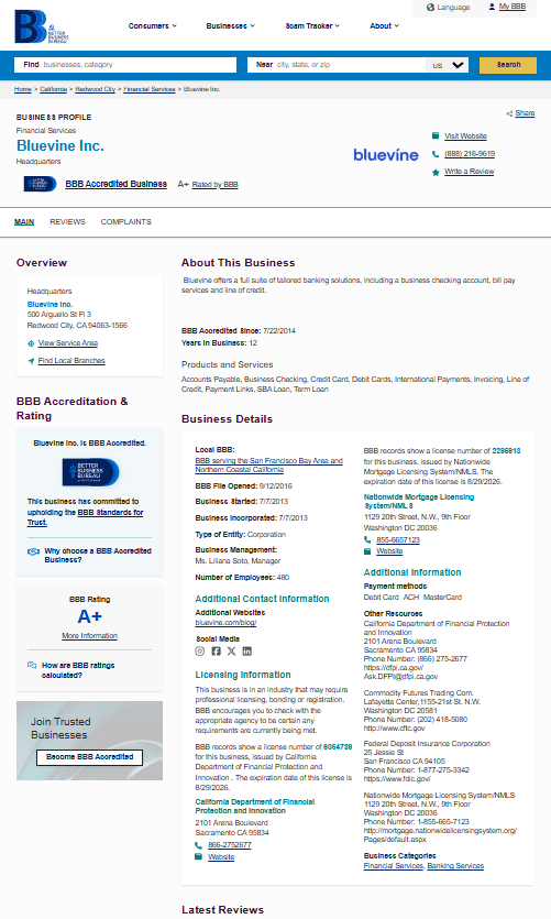The Better Business Bureau (BBB) profile for Bluevine Inc., displaying an A-plus rating, business details, and accreditation since 2014.