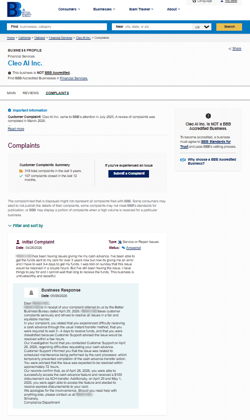 The BBB profile highlights complaint activity and shows the type of issues customers report when they escalate problems beyond in app support. This is useful context when discussing billing disputes, advance expectations, and resolution timelines.