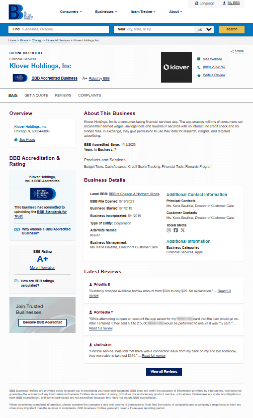 The Better Business Bureau profile gives readers another view of legitimacy signals such as accreditation and rating, plus a place where complaints are logged and tracked. This screenshot matches the Klover Better Business Bureau reviews section that discusses complaint volume and common issues.