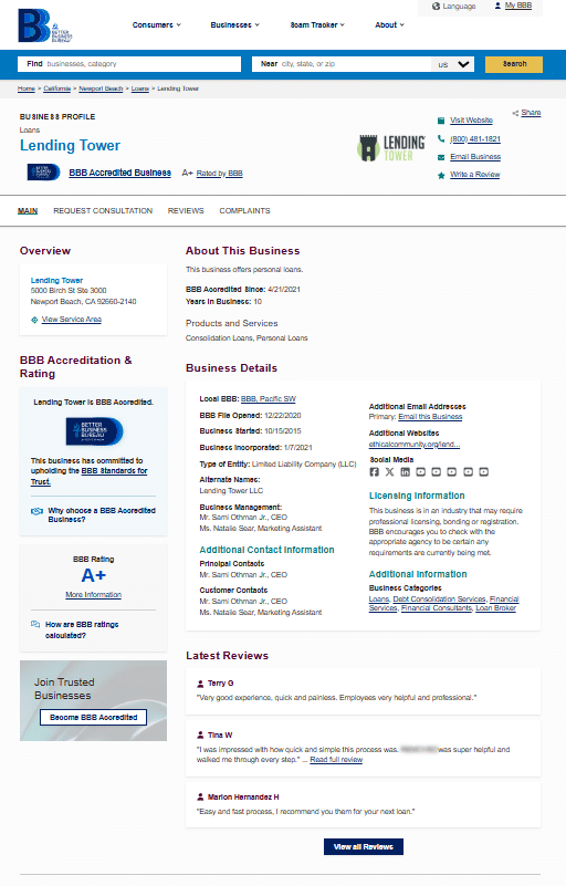 Better Business Bureau profile for Lending Tower showing an A-plus rating, BBB accreditation since April 2021, Newport Beach California address, CEO Sami Othman Jr., and three recent five-star customer reviews