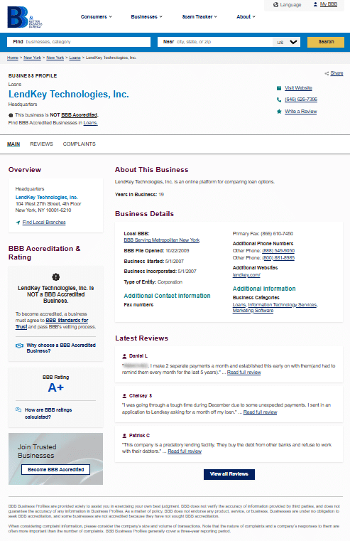 Better Business Bureau (BBB) business profile for LendKey Technologies, Inc. showing an A-plus rating. The profile indicates the business is not BBB accredited and lists a headquarters address in New York.