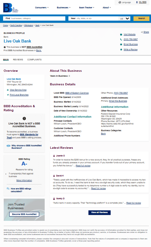 Live Oak Bank's Better Business Bureau profile shows an A- rating with seven complaints filed against the business, though the bank is not BBB-accredited.