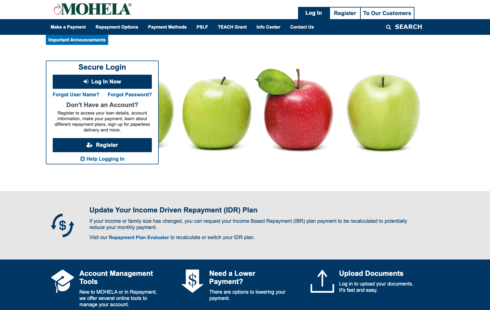 MOHELA website homepage showing the secure login portal, navigation menu with repayment options and PSLF links, and account management tools for federal student loan borrowers.