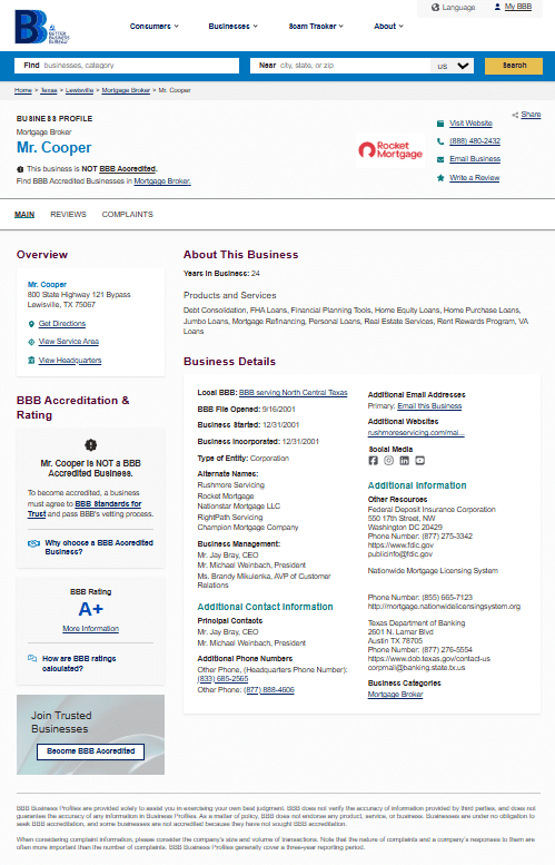 Mr. Cooper Better Business Bureau profile showing an A-plus rating with no BBB accreditation for the Lewisville, Texas location.