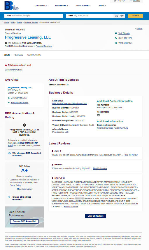 The Better Business Bureau awards Progressive Leasing, LLC an A+ rating, but the company is not BBB accredited and its profile shows a significant volume of customer complaints alongside a government actions alert.