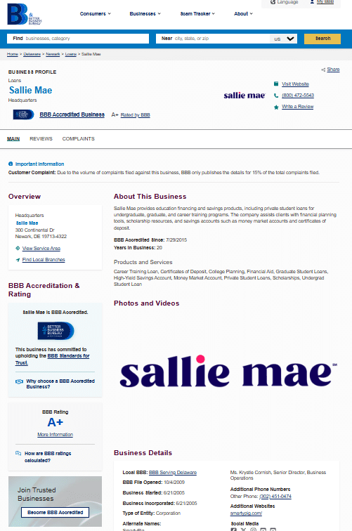 A screenshot of the Better Business Bureau (BBB) profile for Sallie Mae. It displays an "A+" rating and "BBB Accredited Business" status, with an overview of education financing and savings products.