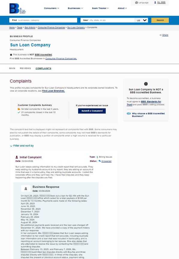 A screenshot of the Better Business Bureau (BBB) website for Sun Loan Company, showing 54 total complaints in the last 3 years and a specific billing issue complaint with a detailed business response.