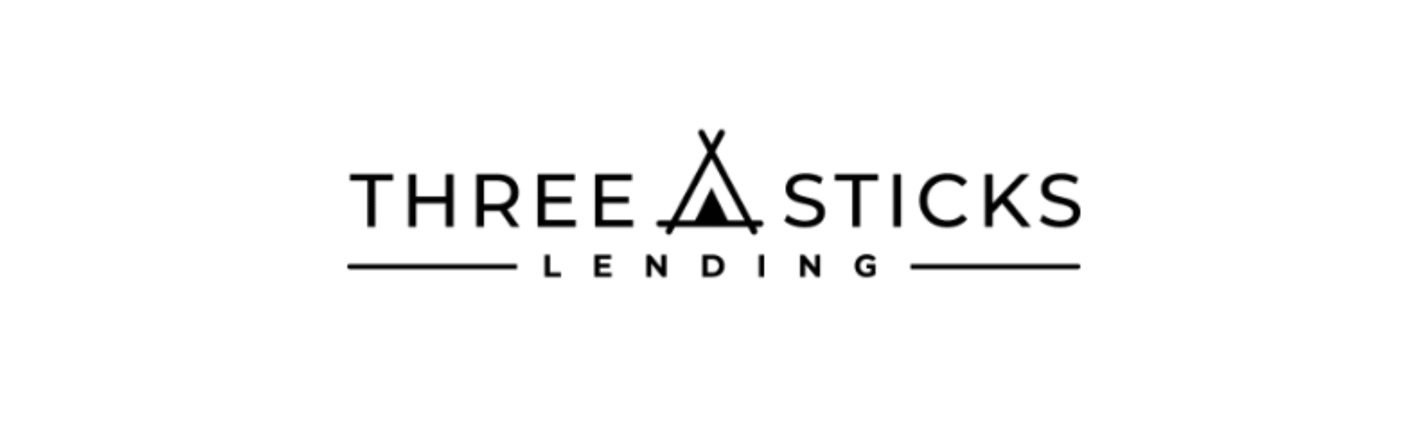 The official logo for Three Sticks Lending, featuring minimalist black text with a stylized tipi icon separating the words "Three" and "Sticks."