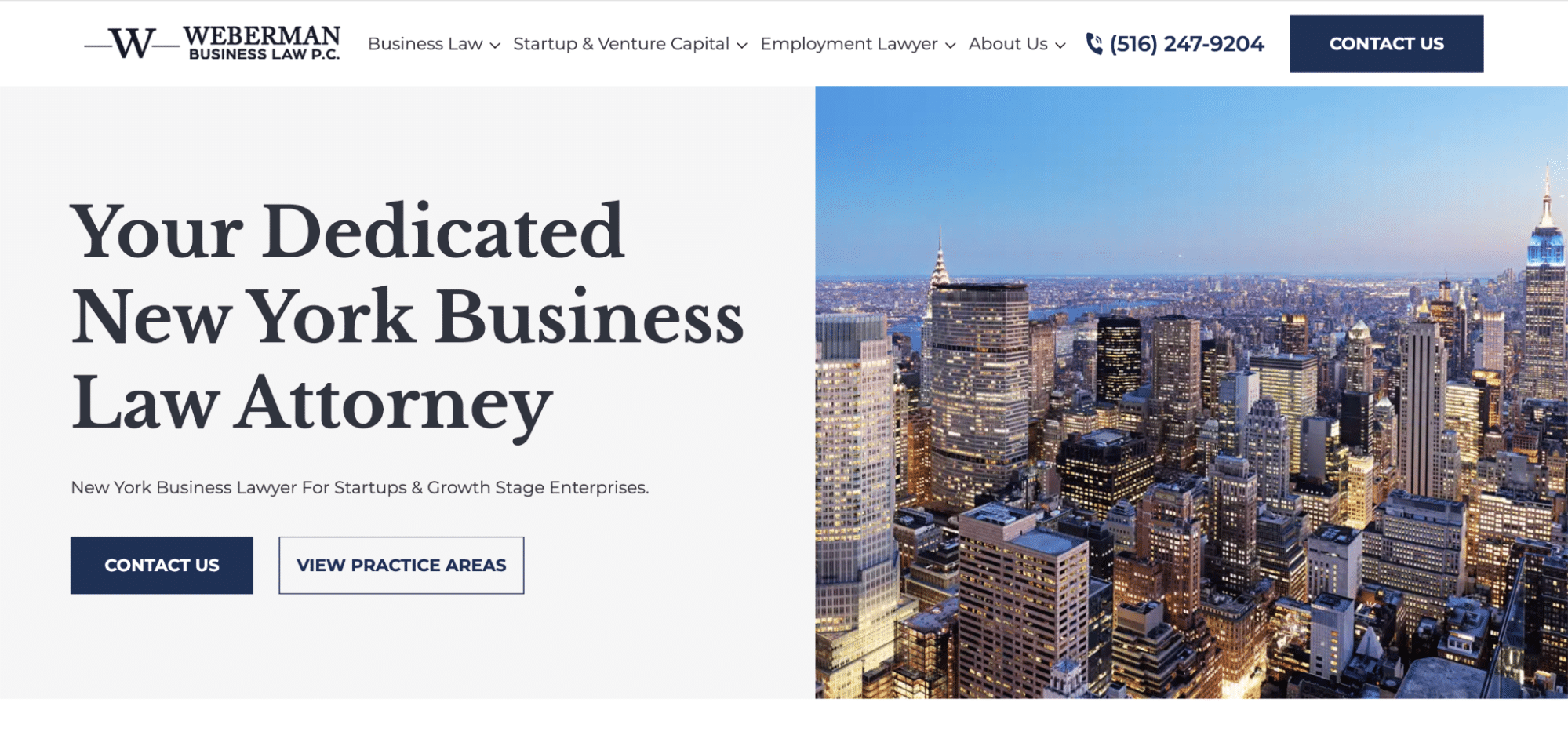 The homepage of the Weberman Business Law P.C. website featuring the headline "Your Dedicated New York Business Law Attorney" over a NYC skyline.