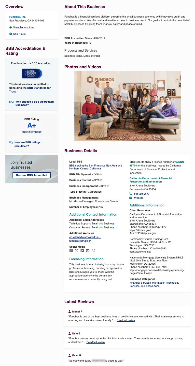 Fundbox BBB profile showing an A plus rating and accreditation since 2014