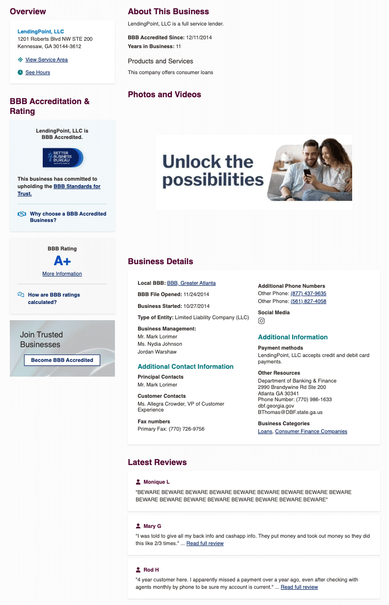 LendingPoint BBB A plus rating and accreditation