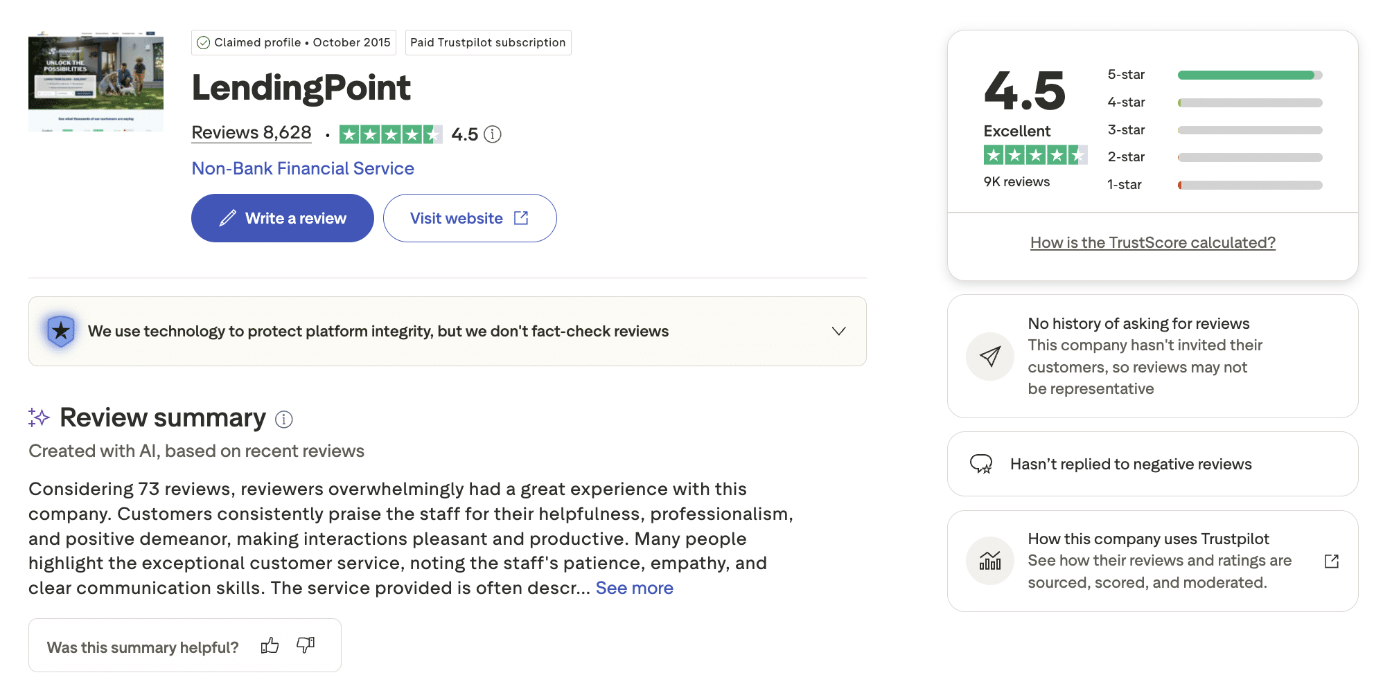 LendingPoint Trustpilot rating of 4.5 out of 5