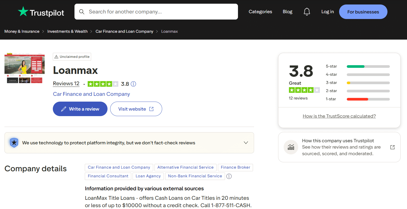 LoanMax Trustpilot review profile showing 3.8-star rating