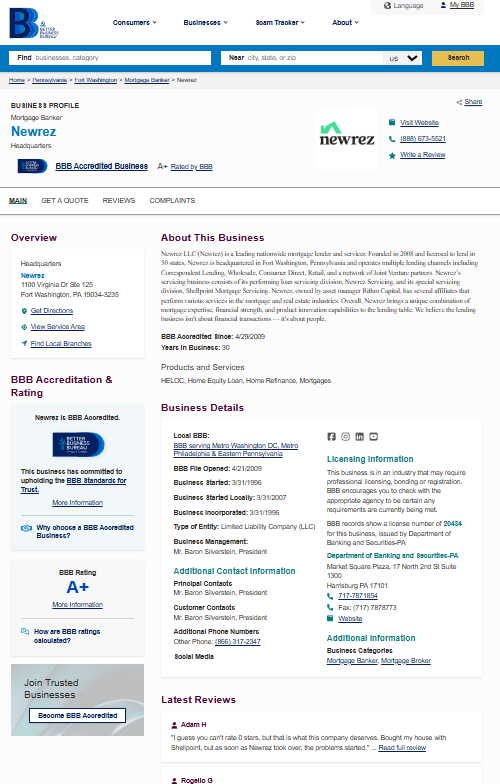 Newrez Better Business Bureau profile with A+ rating