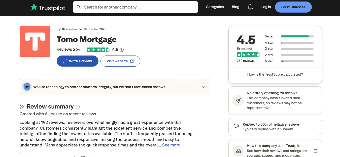 Screenshot of Tomo trustpilot profile