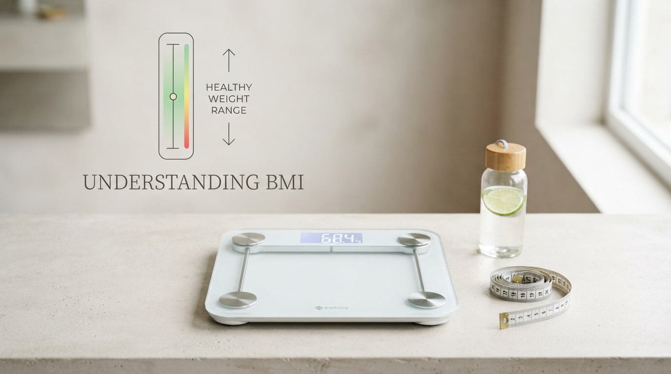 A modern health interface showing a colorful BMI gauge with a digital scale and measuring tape, representing body mass index screening.