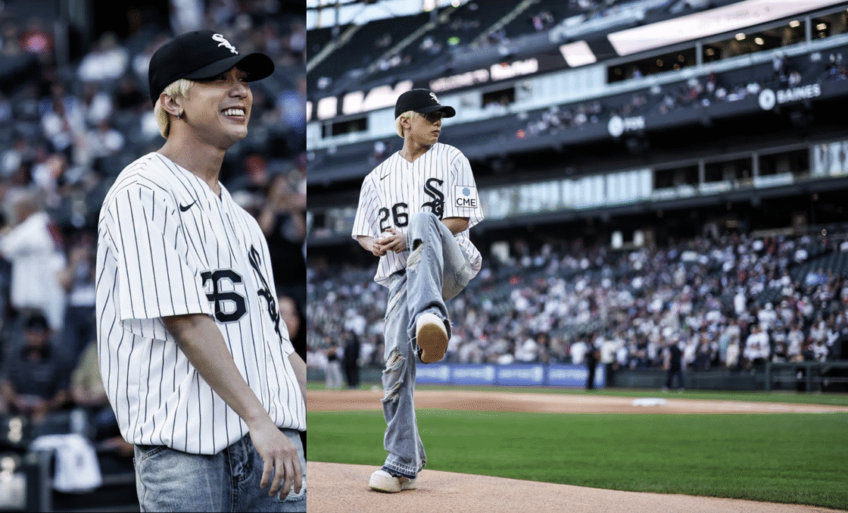 Josh Cullen von SB19 wirft den ersten Ball beim Spiel der White Sox gegen ...