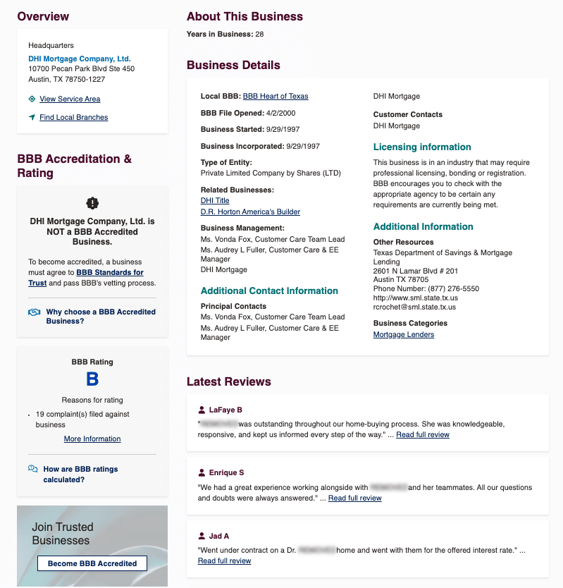 DHI Mortgage Company BBB profile showing a B rating, business details, and customer reviews.