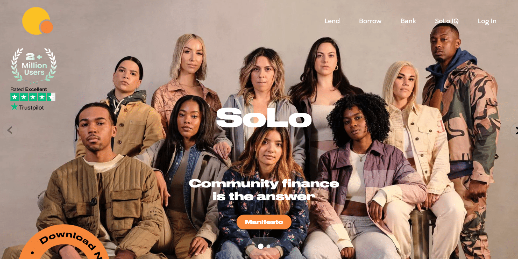 SoLo Funds homepage with the tagline "Community finance is the answer"