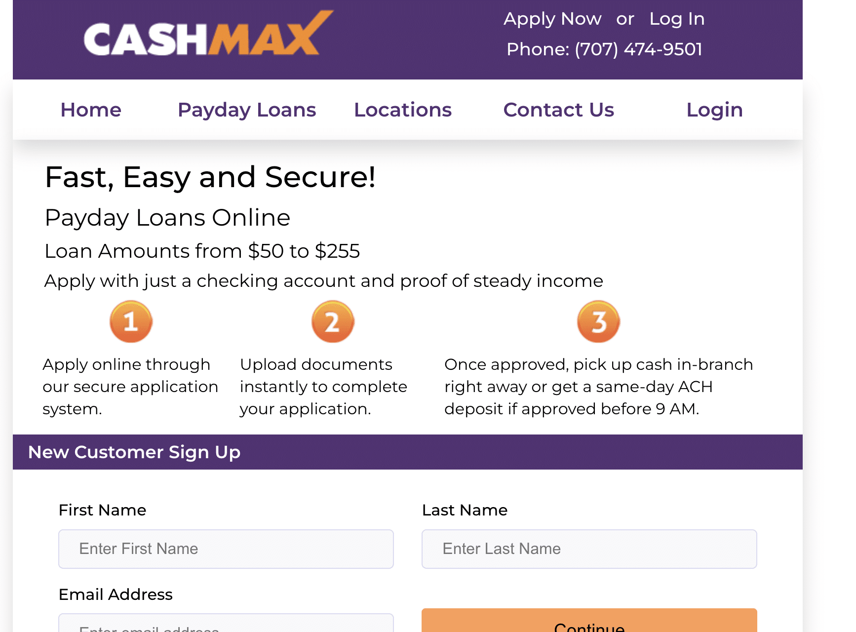CashMax homepage showing payday loans from $50 to $255 and a three-step online application