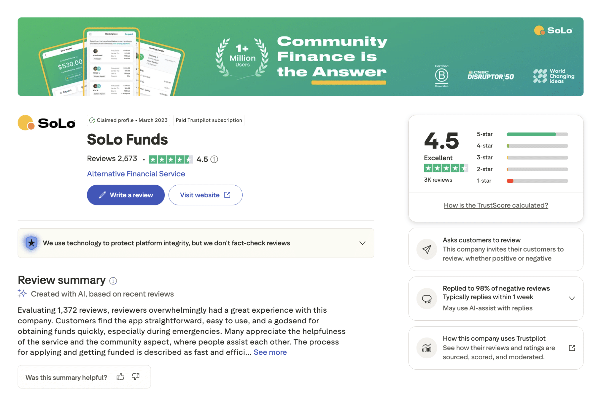 SoLo Funds Trustpilot profile showing a 4.5 out of 5 rating