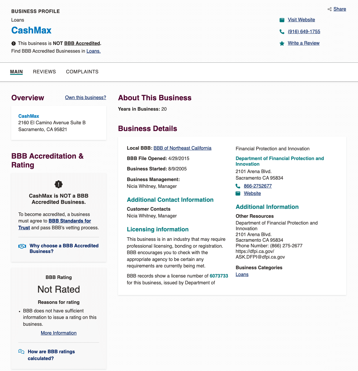 CashMax BBB profile showing Not Rated status and California DFPI license number 6073733
