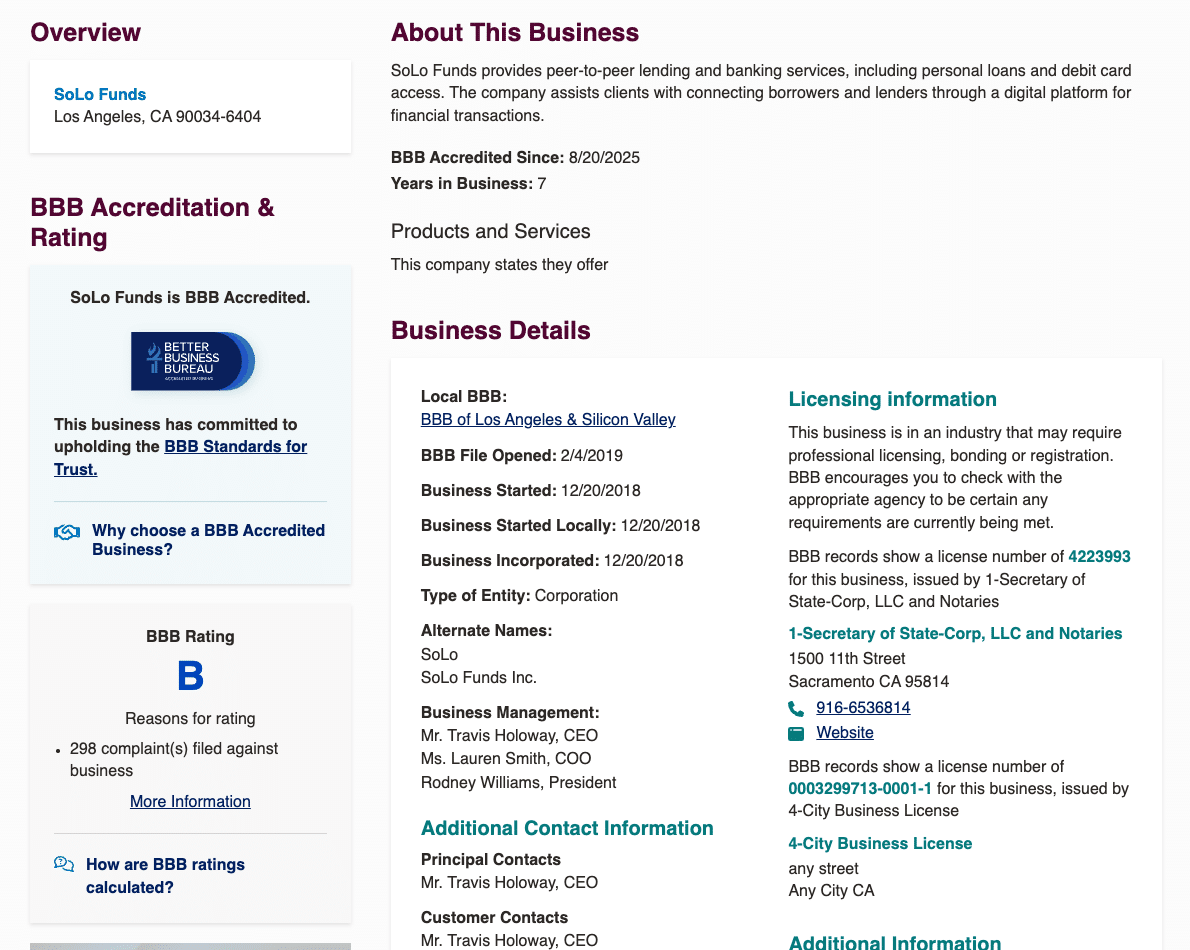 SoLo Funds BBB profile showing a B rating and accreditation
