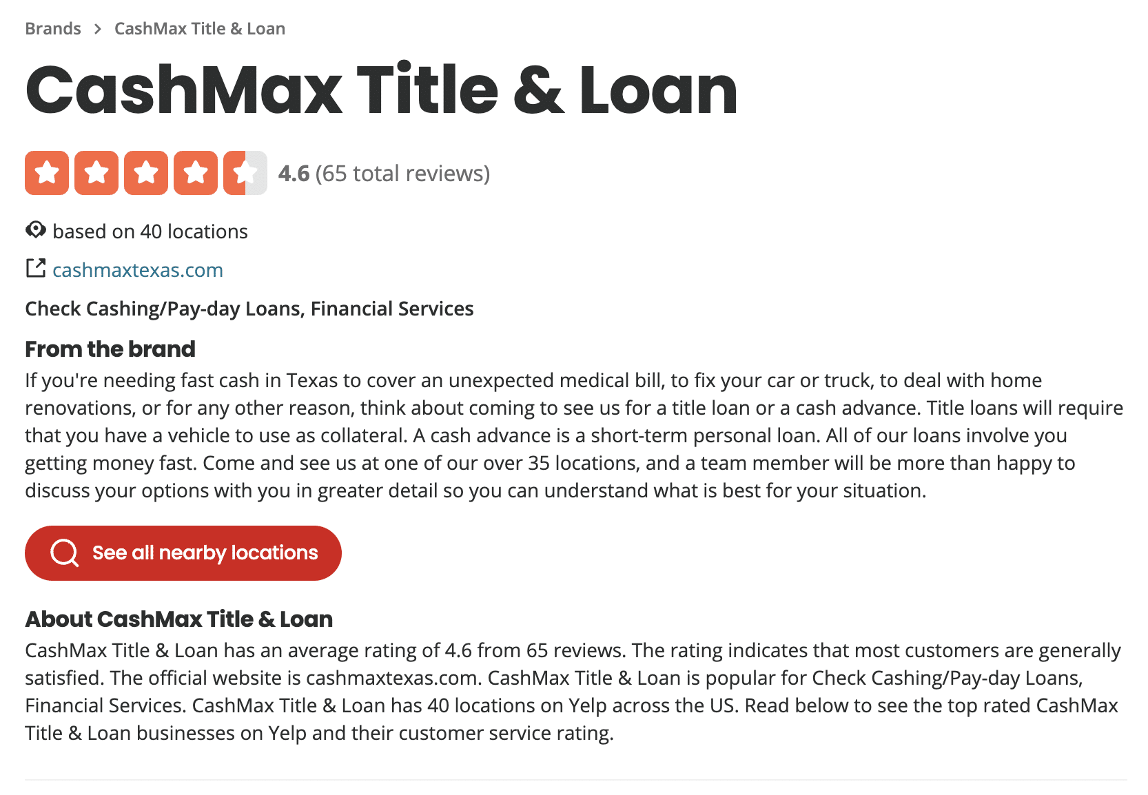 Yelp page for CashMax Title & Loan, a separate Texas company, showing a 4.6 rating