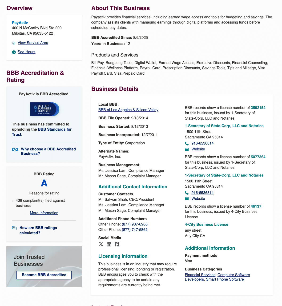 Payactiv BBB accredited A rating
