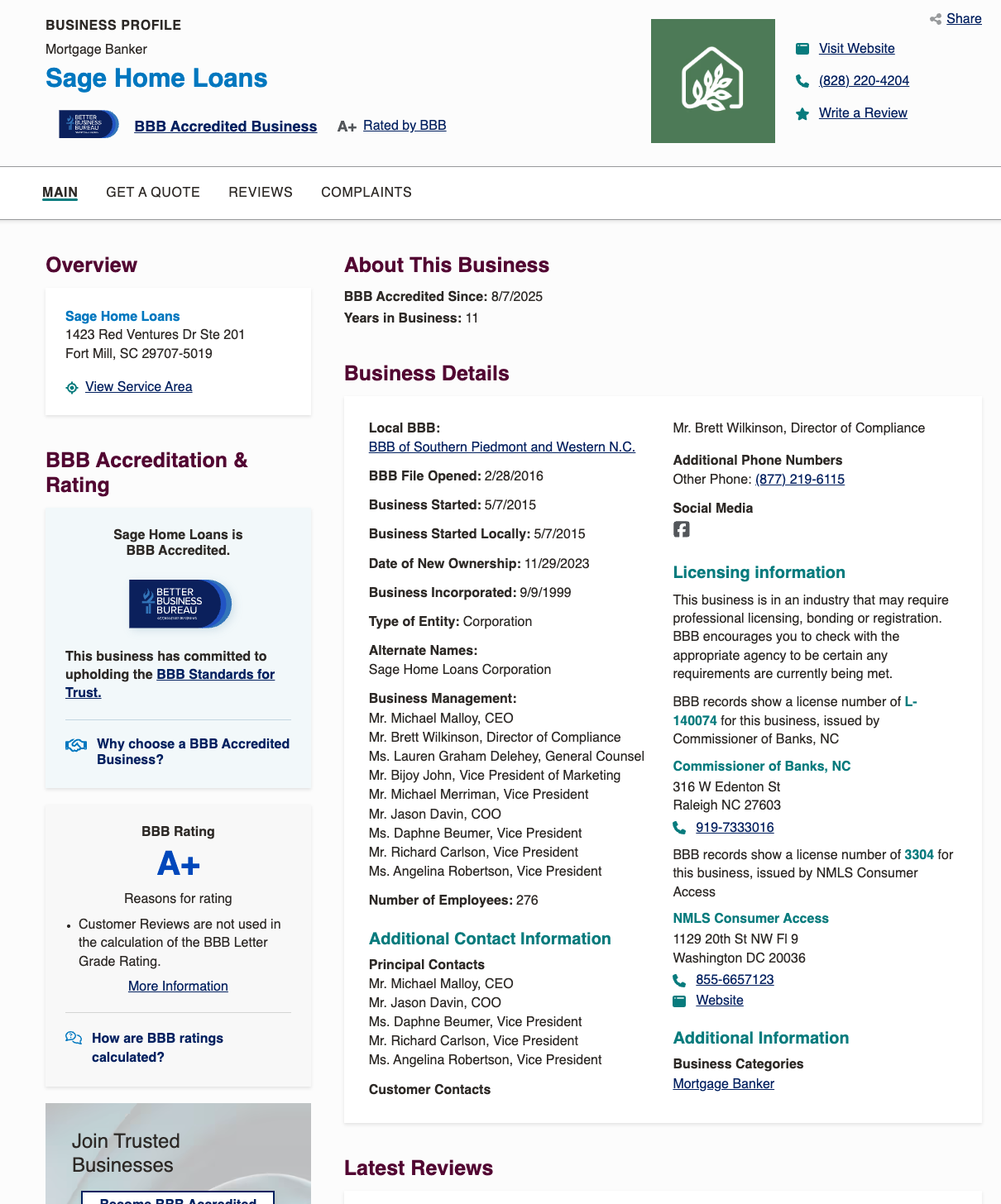 Sage Home Loans BBB profile with A+ rating