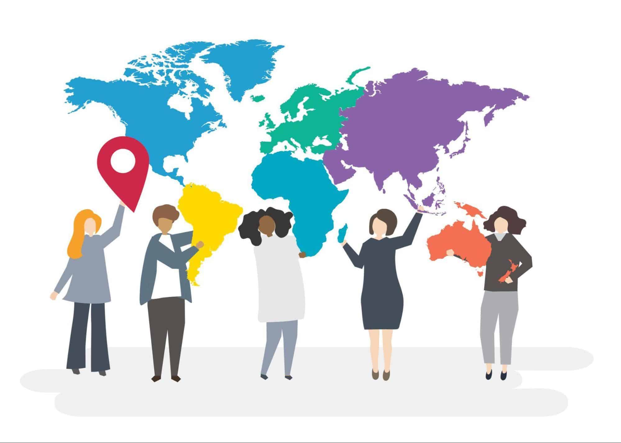 Diverse professionals from around the world standing before a global map, representing a global advisory network.