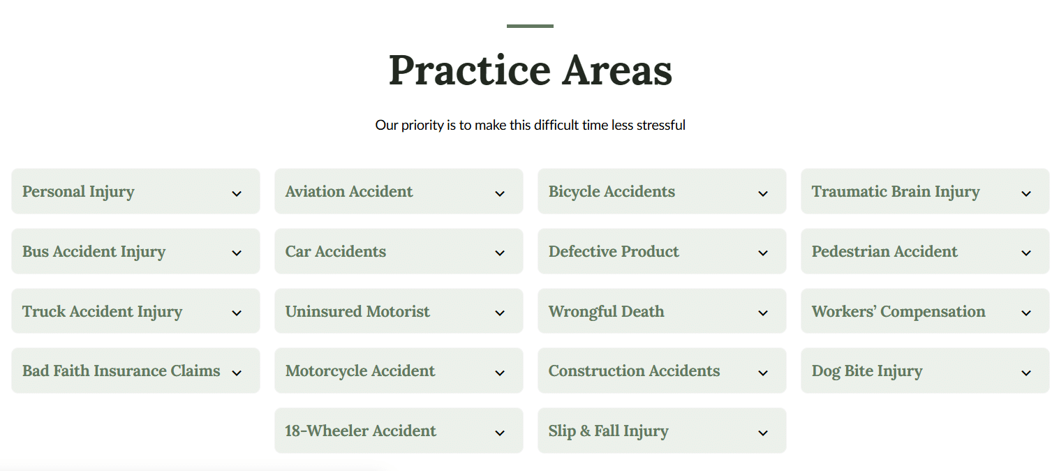 Delfino Green & Green practice areas grid including personal injury and brain injury