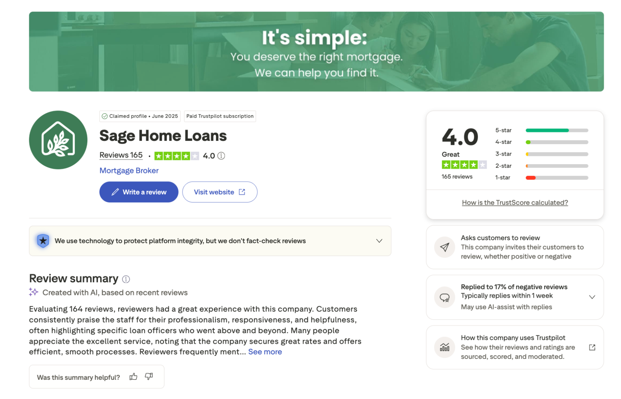 Sage Home Loans Trustpilot rating of 4.0 stars