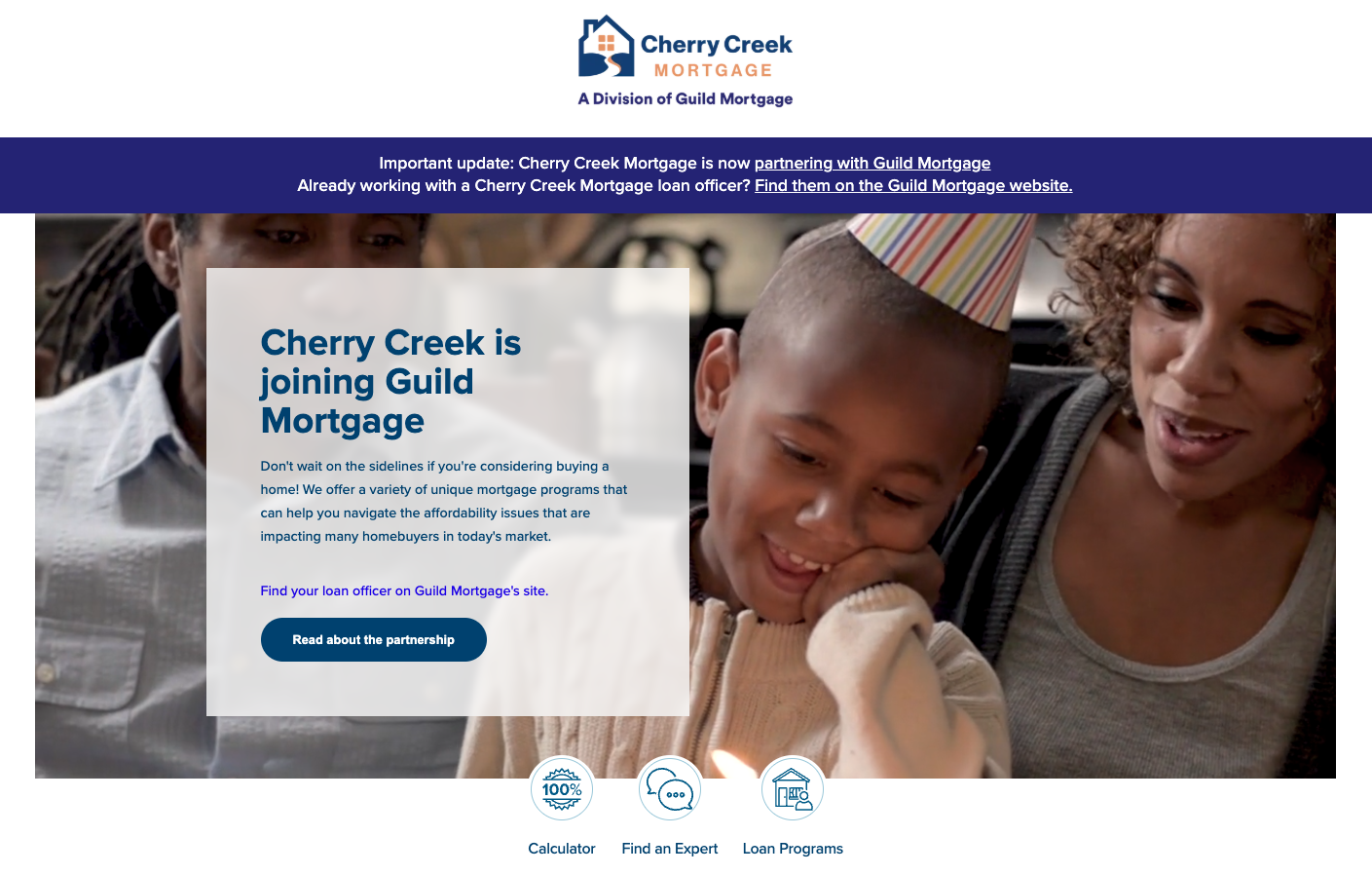Cherry Creek Mortgage website showing Guild Mortgage division notice