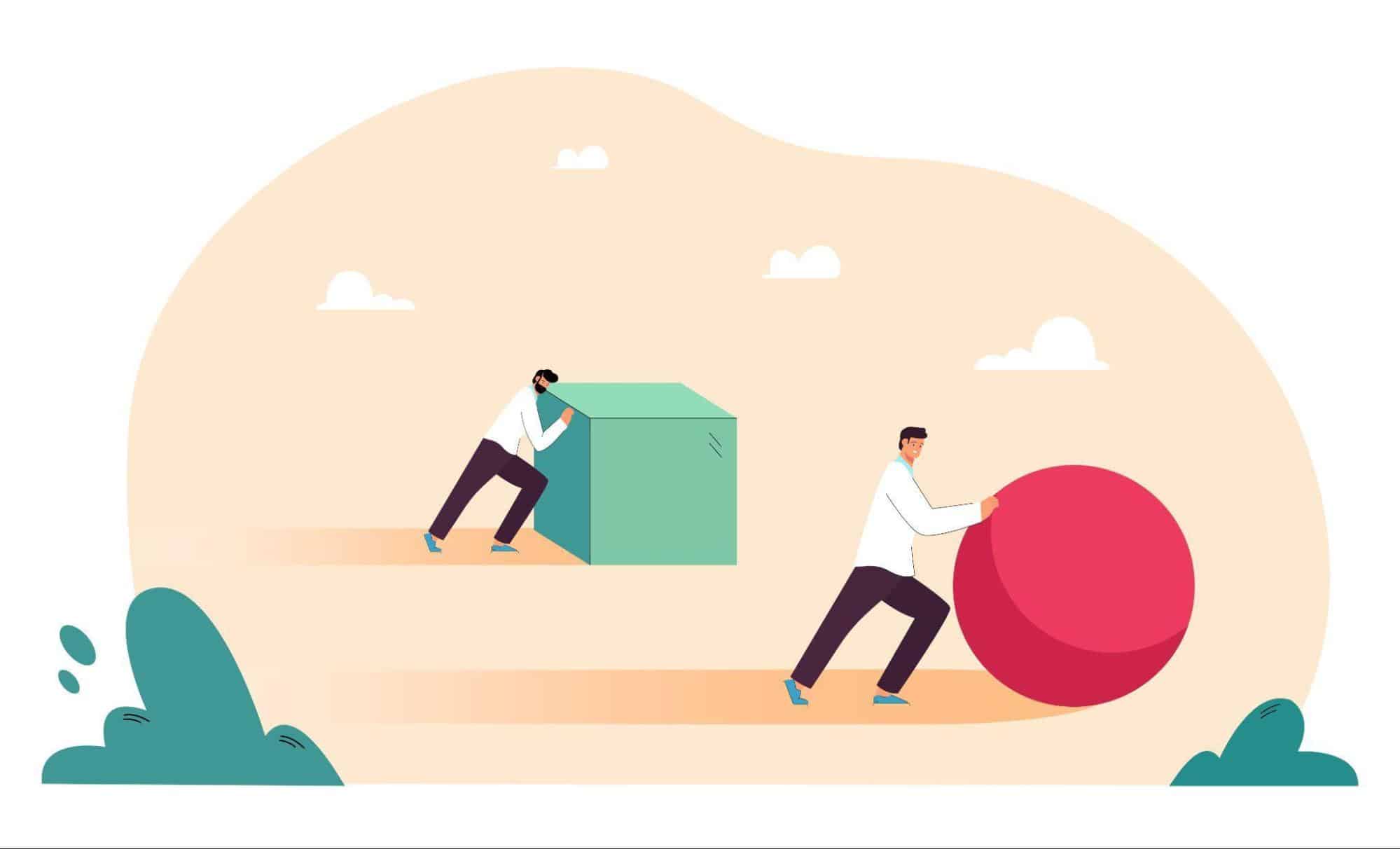 Two professionals push a cube and a ball, illustrating how a global advisory network makes business growth more efficient.