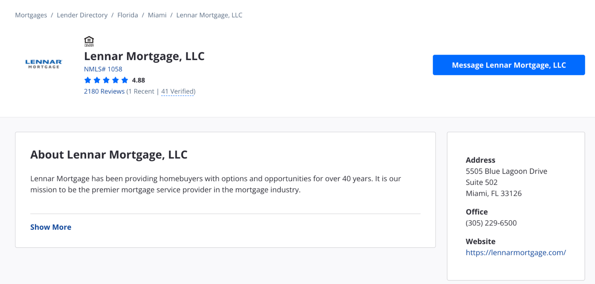 Lennar Mortgage Zillow profile showing 4.88 stars from about 2,180 reviews