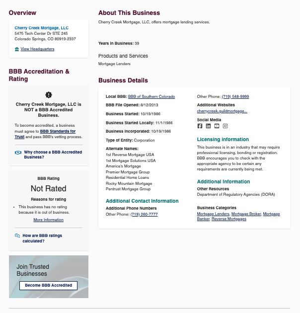 Cherry Creek Mortgage BBB profile marked Not Rated