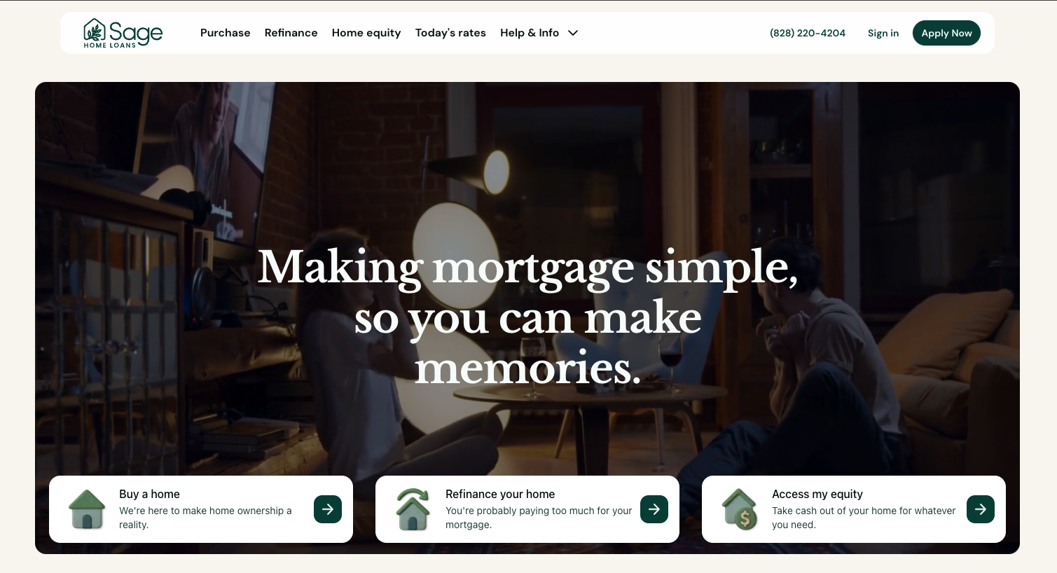 Sage Home Loans homepage showing online mortgage options