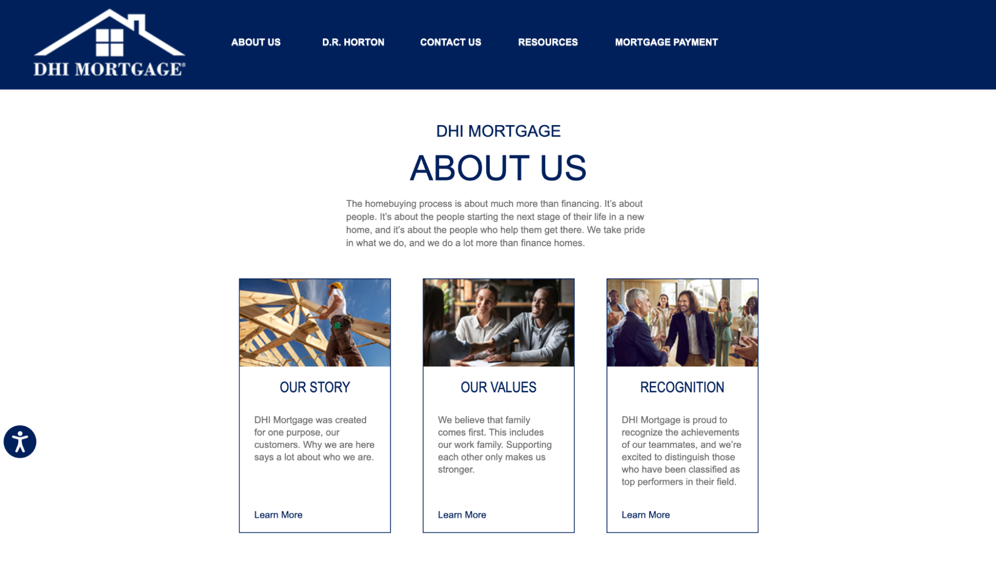 DHI Mortgage About Us web page describing its homebuying focus