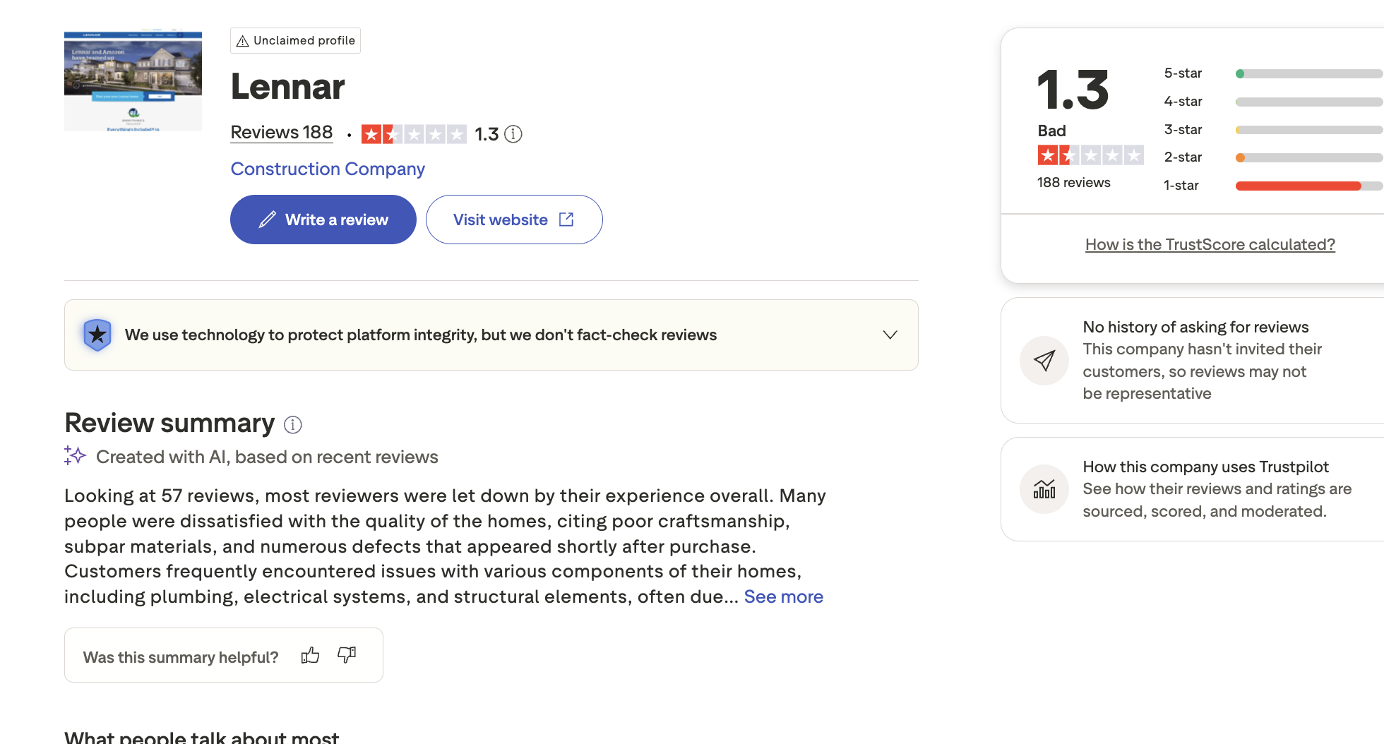 Lennar Trustpilot page showing a 1.3 rating from 188 reviews