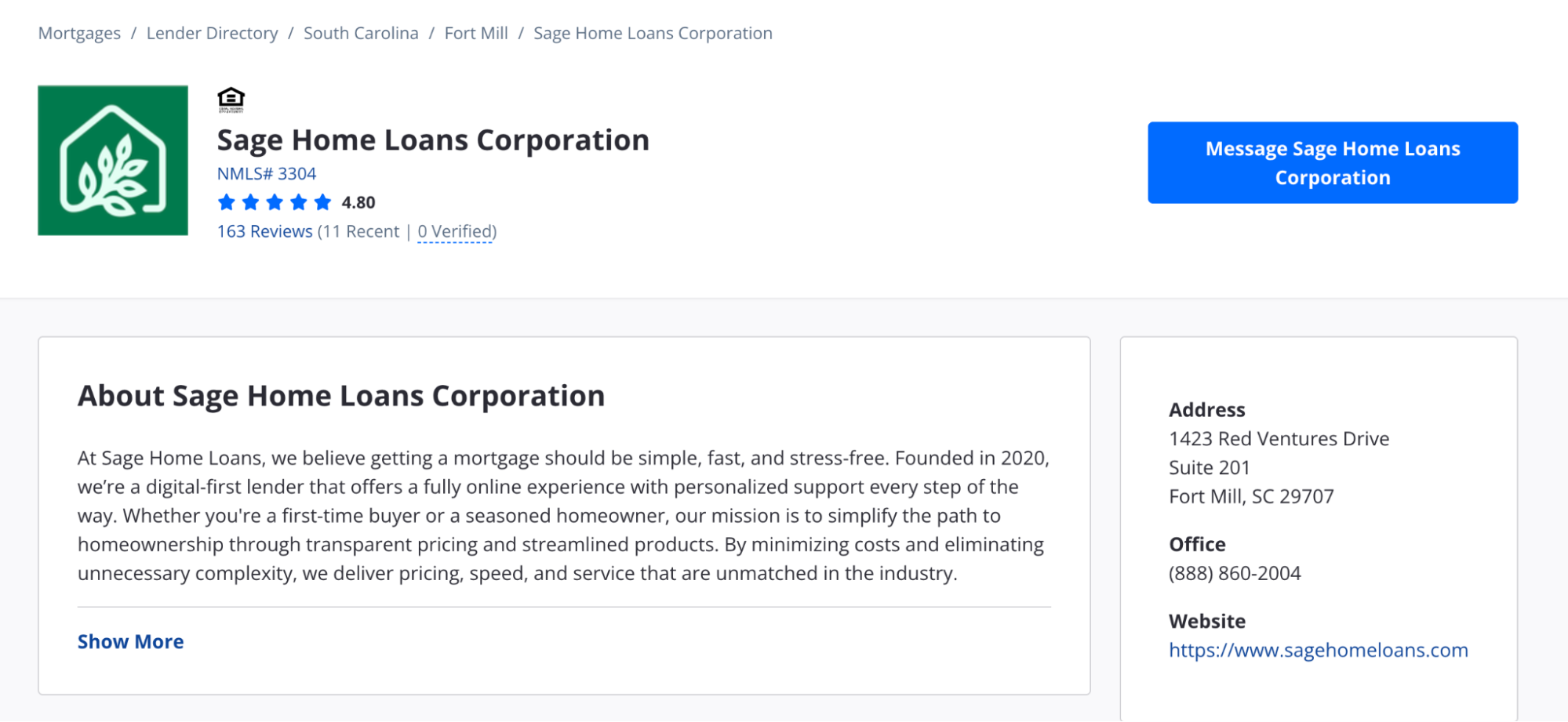 Sage Home Loans Zillow lender profile rated 4.83