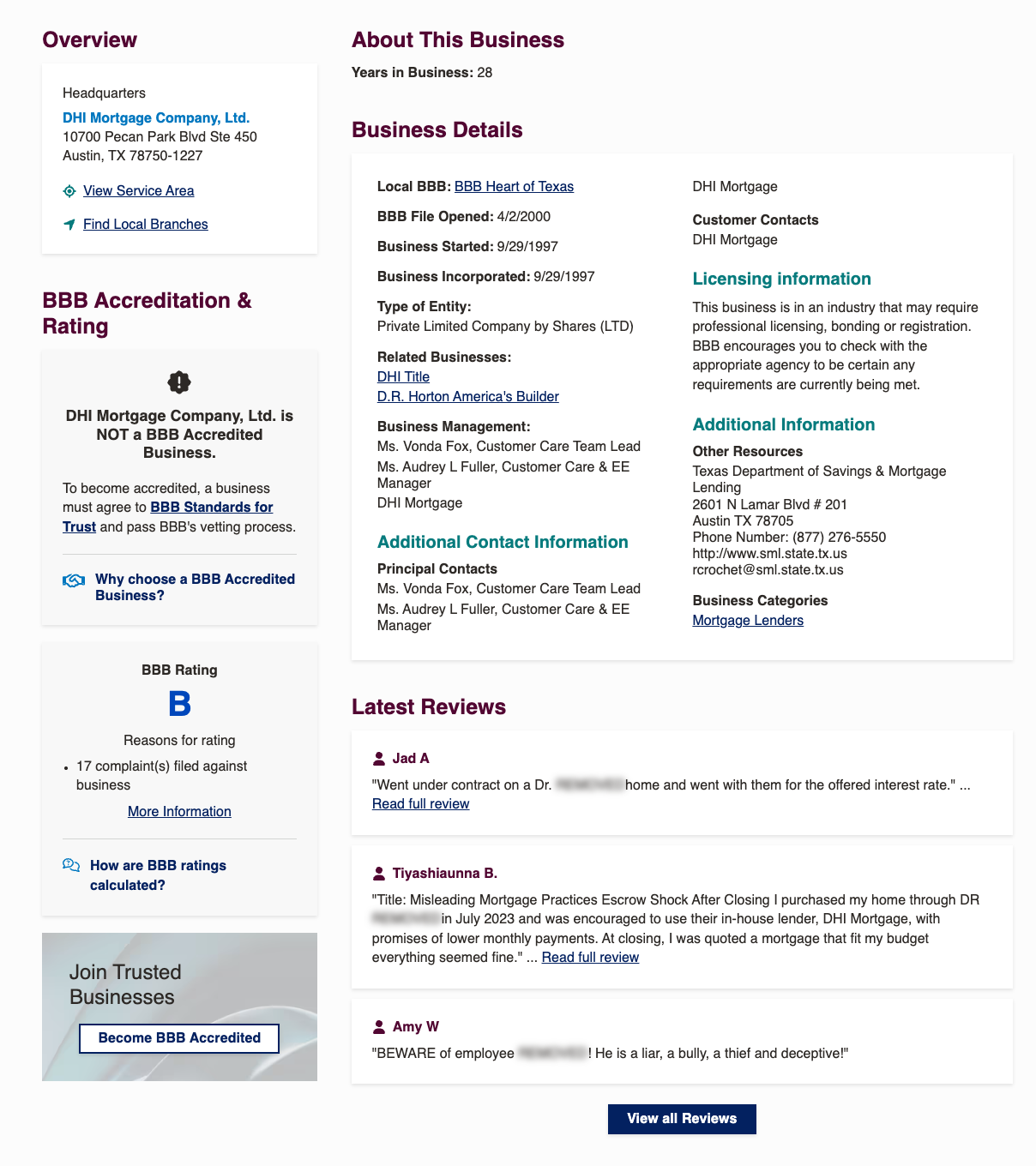 DHI Mortgage BBB profile showing a B rating and not accredited status