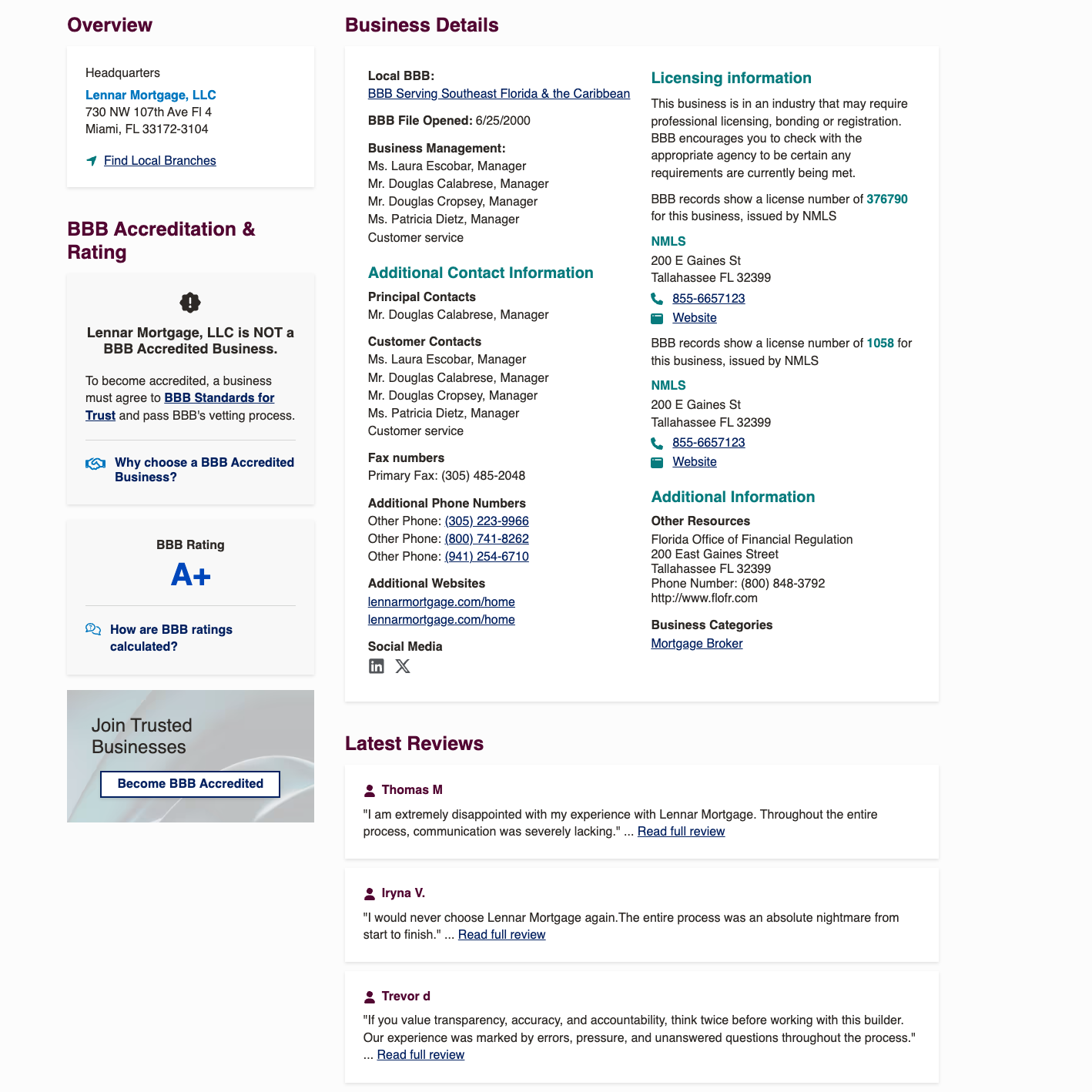 Lennar Mortgage BBB profile showing an A plus rating but not BBB accredited