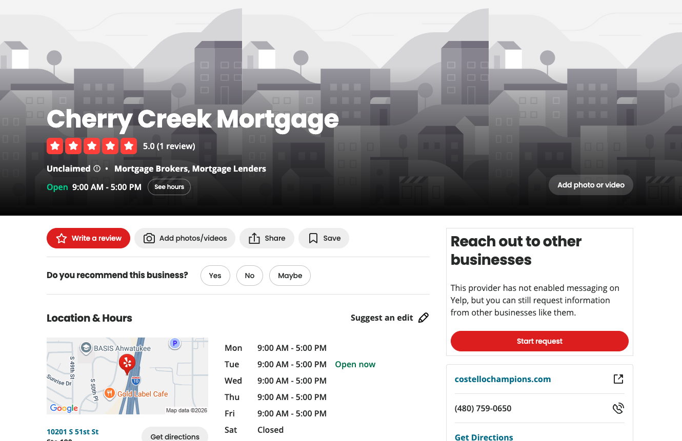 Cherry Creek Mortgage Yelp page with one review