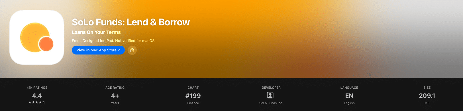Screenshot of SoLo Funds app profile on Apple App Store.
