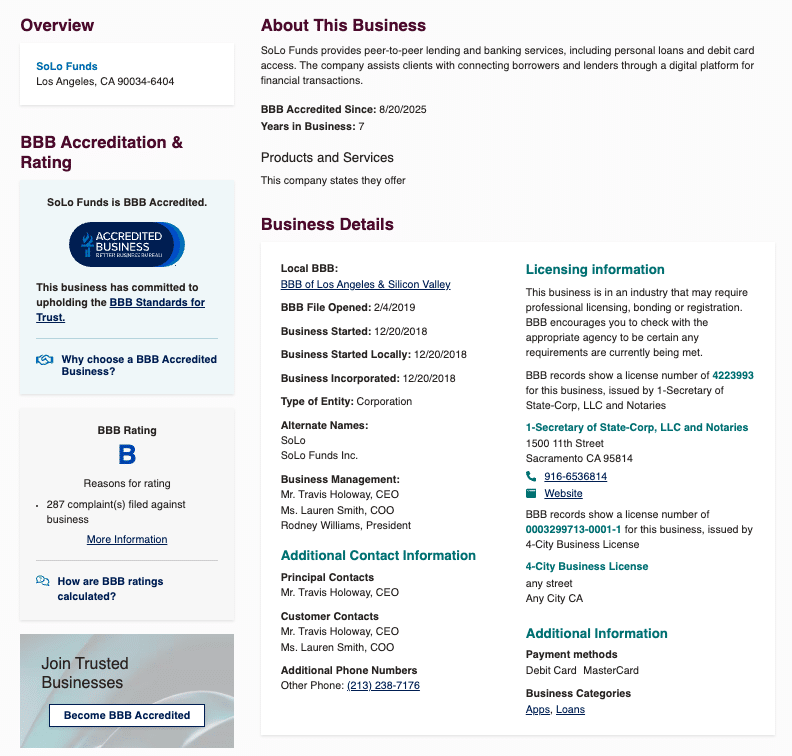 Screenshot of SoLo Funds profile on the BBB.