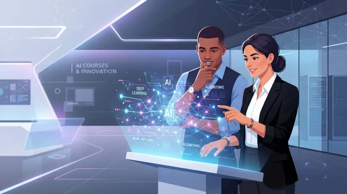 A male and female professional in a modern, blue-lit server room examining a glowing holographic display of deep learning networks and AI algorithms.
