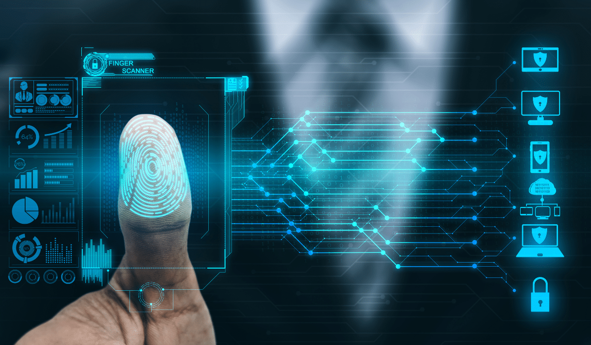 Digital interface showing a fingerprint being scanned by an AI-powered liveness detection system for identity verification.