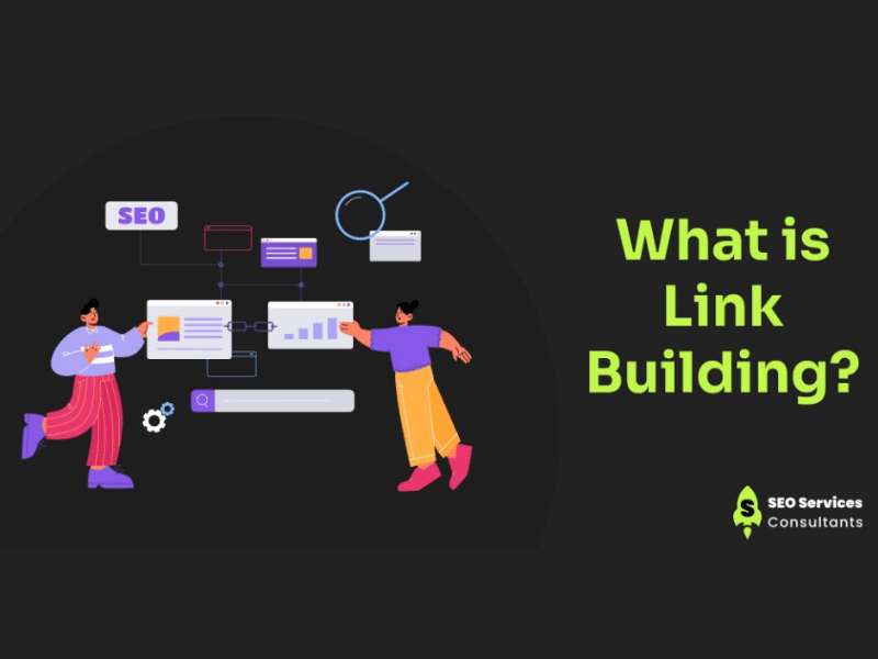 Illustration of two people interacting with digital elements, charts, and a search bar, representing the link-building process.
