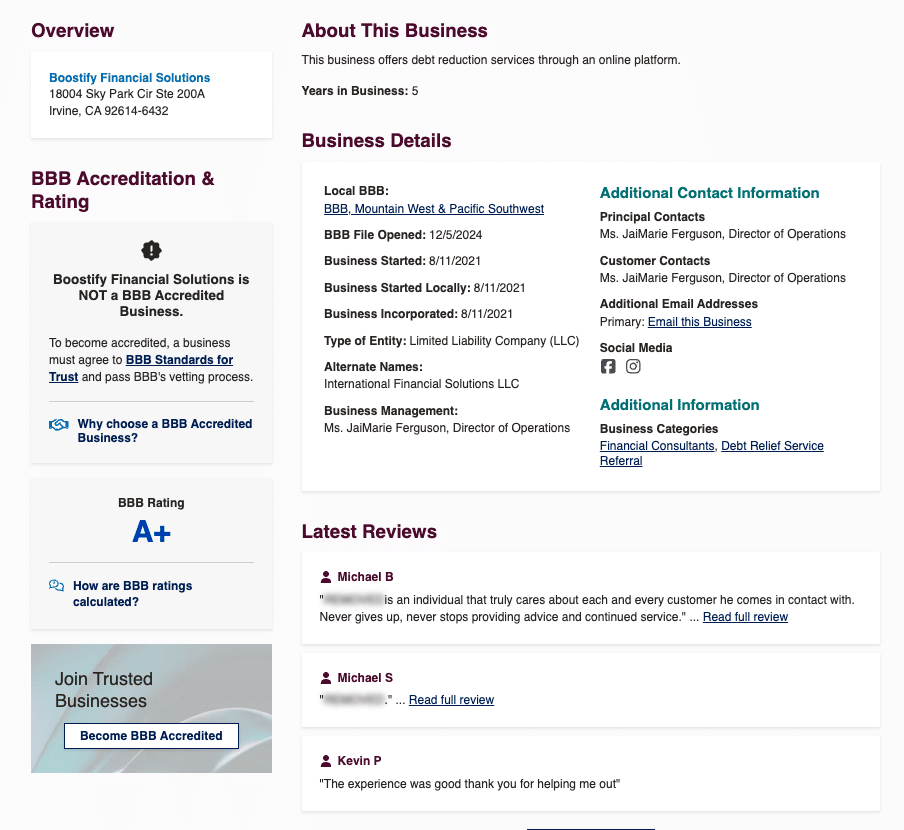 Screenshot of Boostify profile on the BBB